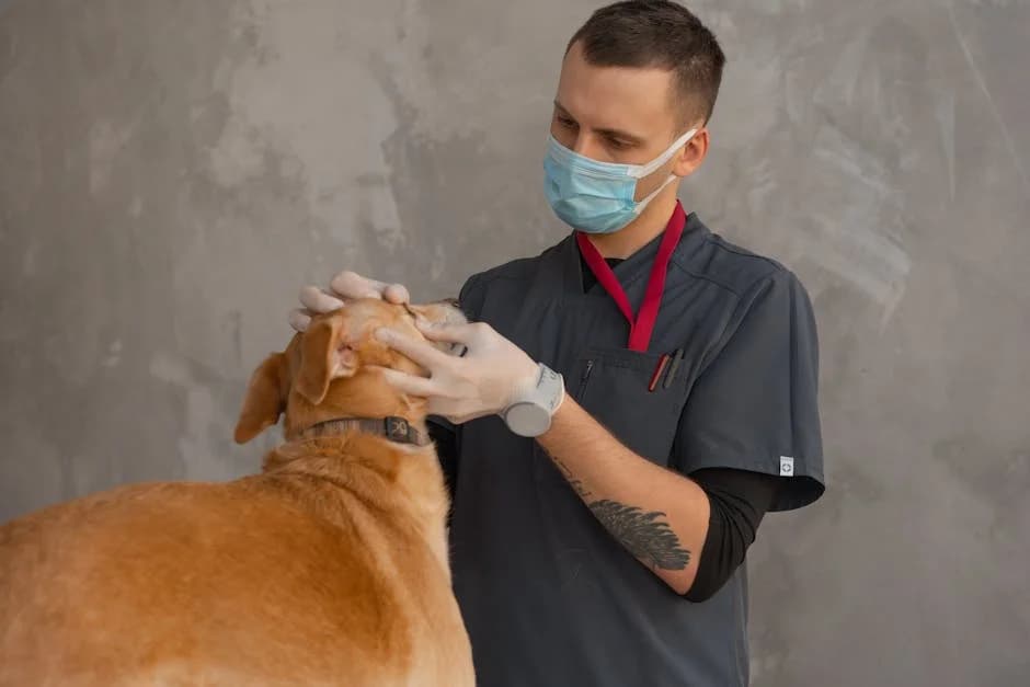 Veterinarian examining a dog on an exam table before a trip